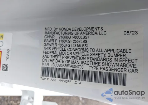2023 Acura Tlx Standard from USA, damaged, VIN 19UUB5F38PA004703